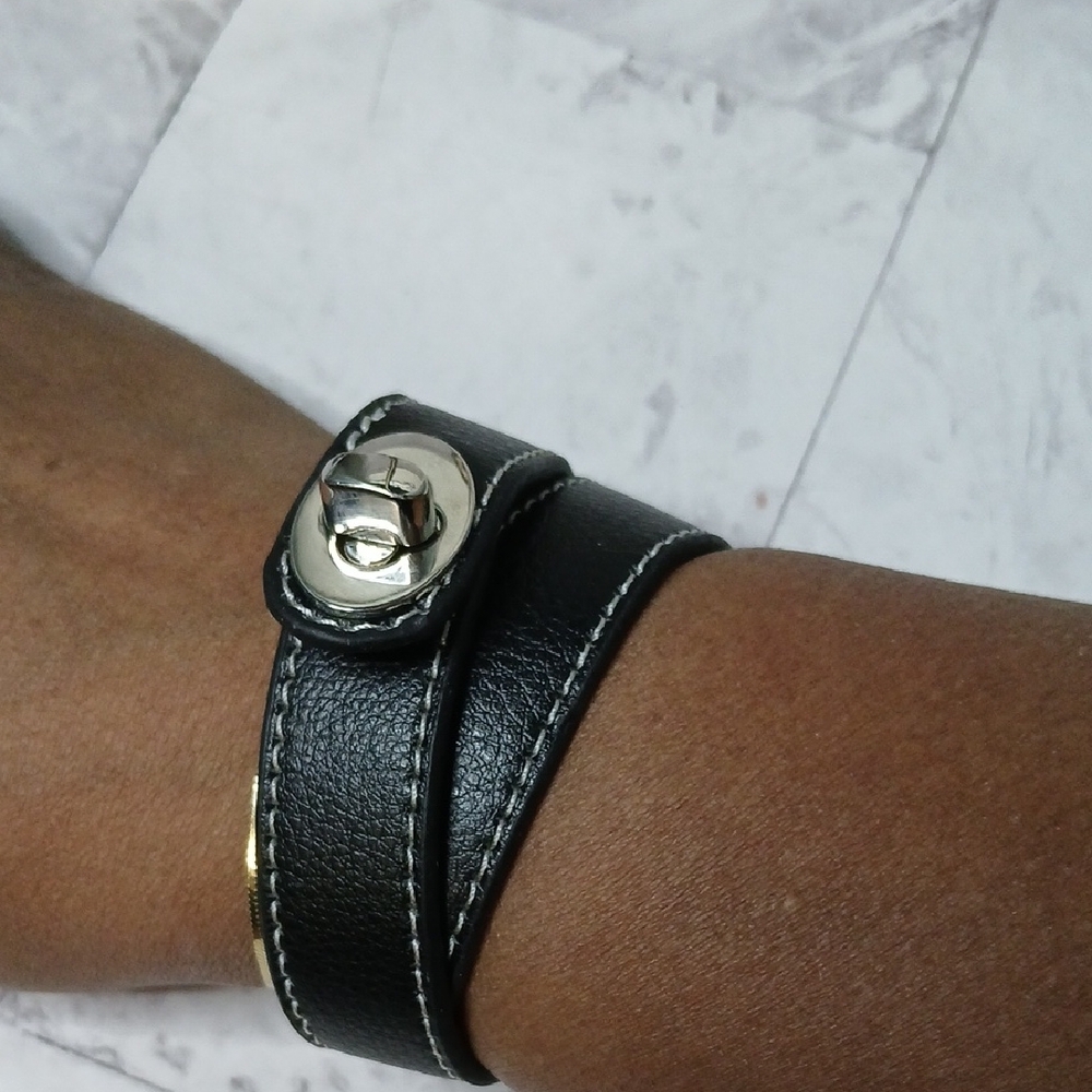 Denver Hayes Black Faux Leather Bracelet with Silver Turn Lock Clasp